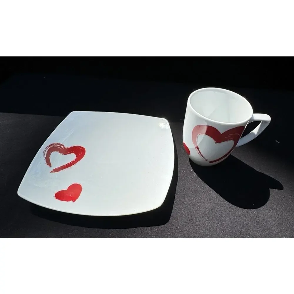 New Vintage Ikea Ceramic Red Heart Cup and Plate Set by Johanna Jelnik -A52